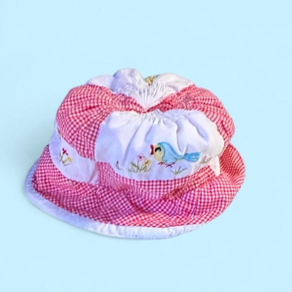 Vintage newborn red gingham w birds & flowers patchwork quilt bucket hat.